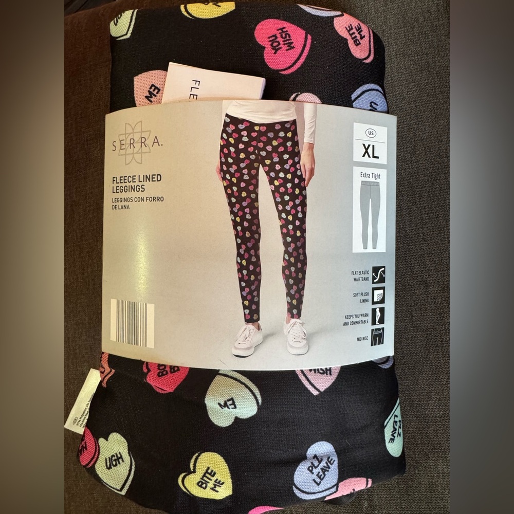 Serra ALDI  Conversation Hearts Valentine Leggings Pants Funny Fleece‎ Lined XL